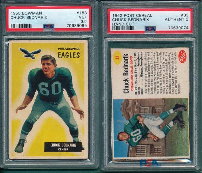 1955 Bowman & 1962 Post Lot of (2) Chuck Bednarik PSA
