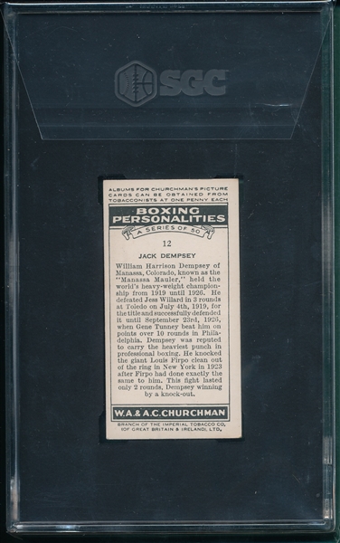 1938 #12 Jack Dempsey, Churchman's Cigarettes, Boxing Personalities, SGC 5