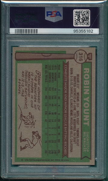 1976 Topps #316 Robin Yount PSA 8