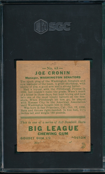 1933 Goudey #63 Joe Cronin SGC 1