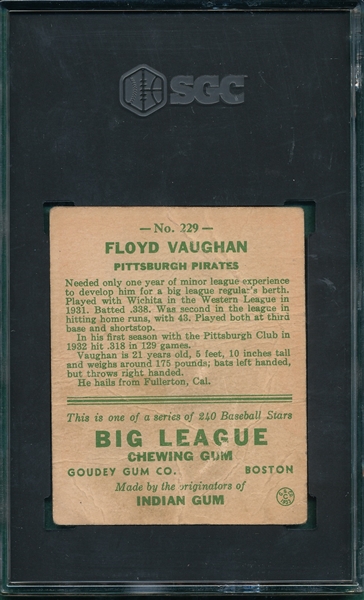 1933 Goudey #29 Floyd Vaughan SGC 1