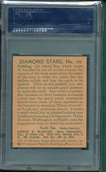 1934-36 Diamond Stars #78 Heinie Manush PSA 7.5 *W on Sleeve*