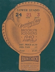 1940 Brooklyn Dodgers Opening Day Ticket with Rain Check