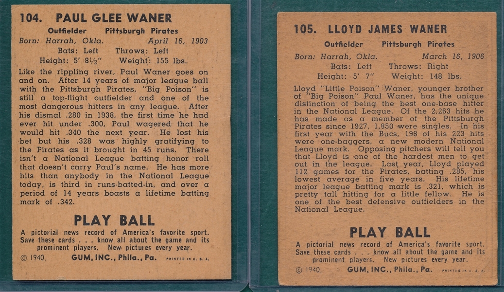 1940 Play Ball #104 Paul Waner and #105 Lloyd Waner, Lot of (2)