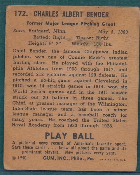 1940 Play Ball #172 Chief Bender