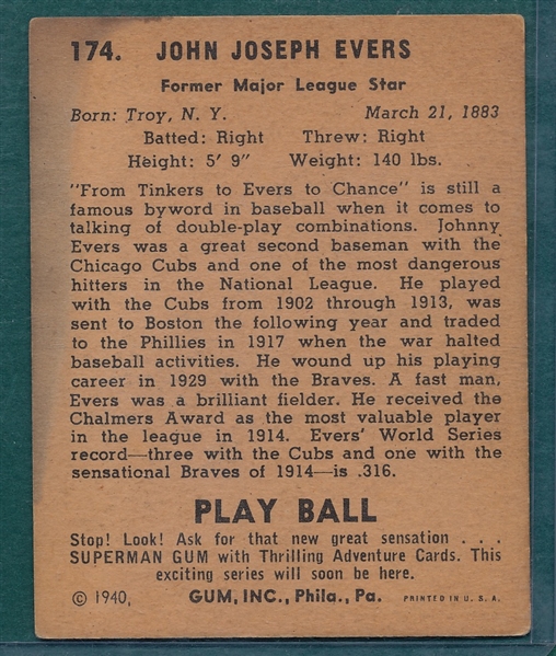 1940 Play Ball #174 Johnny Evers