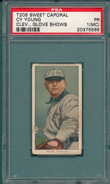 1909-1911 T206 Cy Young, Glove Showing, Sweet Caporal Cigarettes, PSA 1 (MC) *Off Set Back*