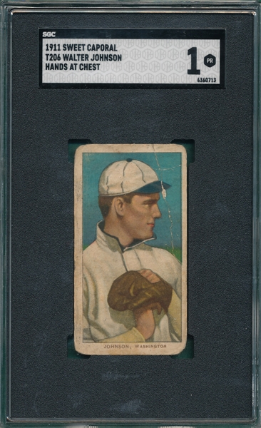 1909-1911 T206 Walter Johnson, Hands At Chest, Sweet Caporal Cigarettes SGC 1 *Factory 25*