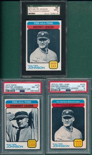 1973 Topps/O-Pee-Chee Walter Johnson, Lot of (3), SGC/PSA