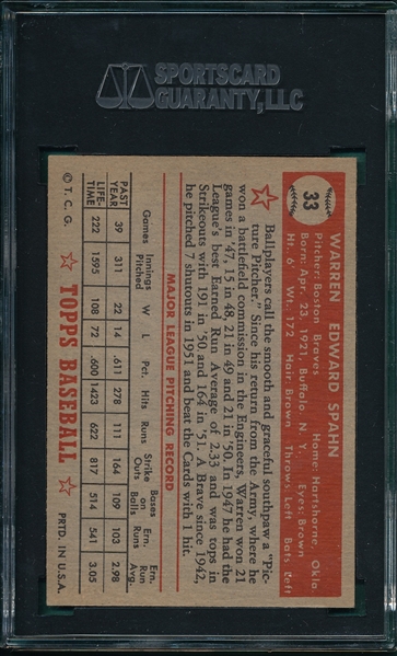 1952 Topps #33 Warren Spahn SGC 8 *Red*