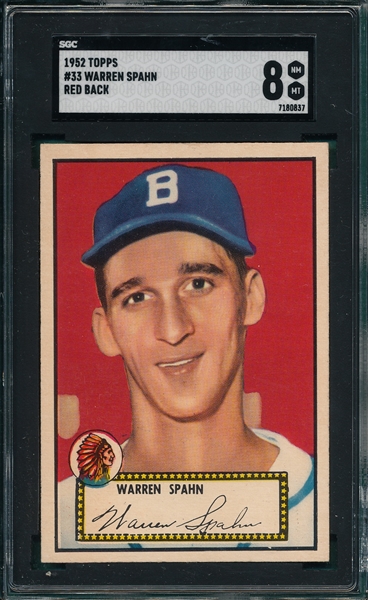 1952 Topps #33 Warren Spahn SGC 8 *Red*