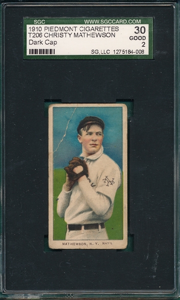 1909-1911 T206 Christy Mathewson, Dark Cap, Piedmont Cigarettes SGC 30