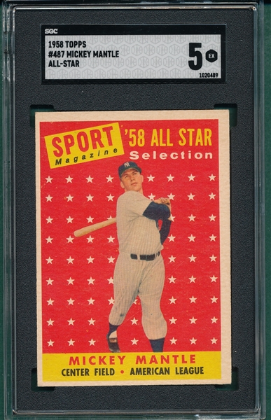 1958 Topps #487 Mickey Mantle, AS, SGC 5