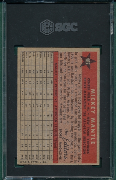 1958 Topps #487 Mickey Mantle, AS, SGC 5