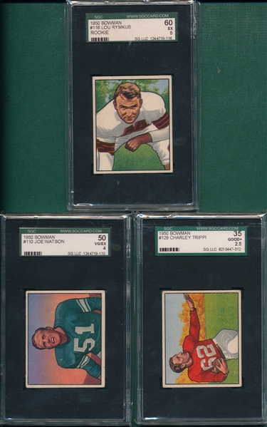 1950 Bowman Football Lot of (3) W/ #129 Trippi SGC