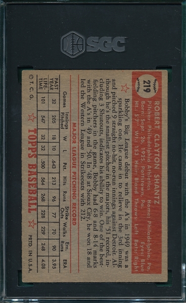1952 Topps #219 Bobby Shantz SGC 5