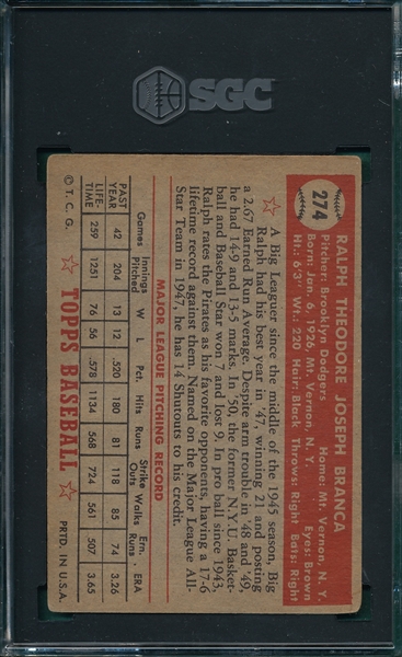 1952 Topps #274 Ralph Branca SGC 4