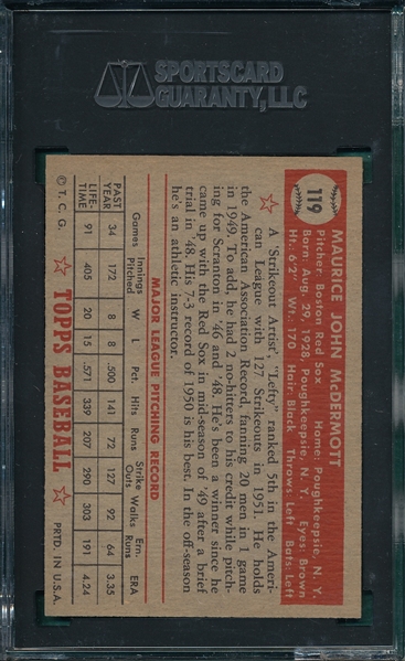 1952 Topps #119 Maurice McDermott SGC 9 *None Graded Higher*