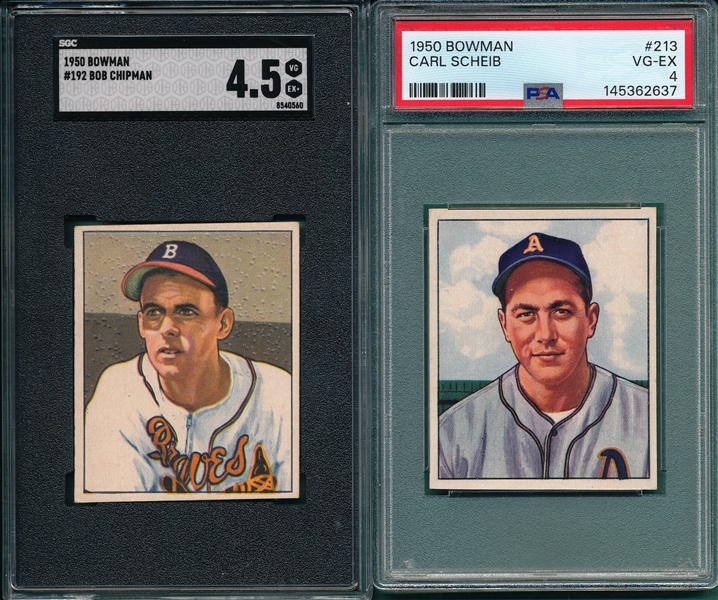 1950 Bowman #213 Scheib PSA & #192 Bob Chipman SGC 4.5, Lot of (2)