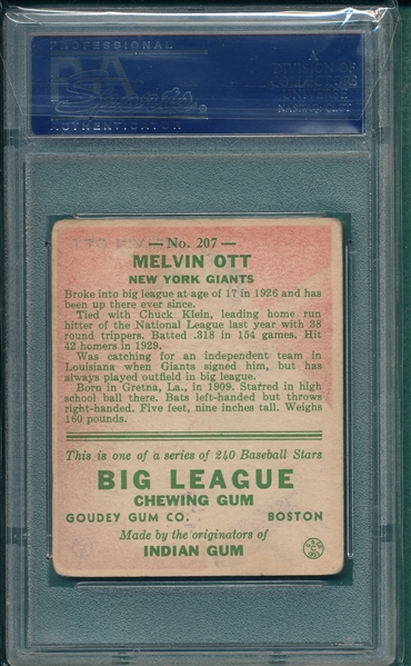 1933 Goudey #207 Mel Ott PSA 2