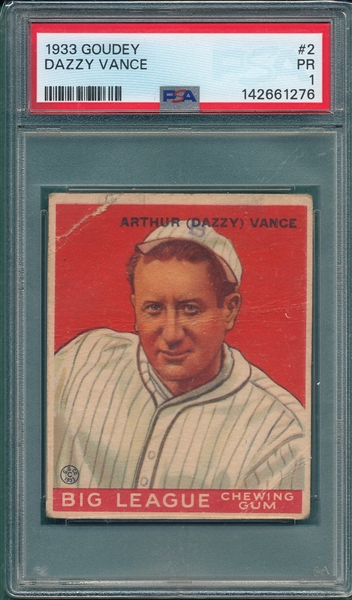 1933 Goudey #2 Dazzy Vance PSA 1