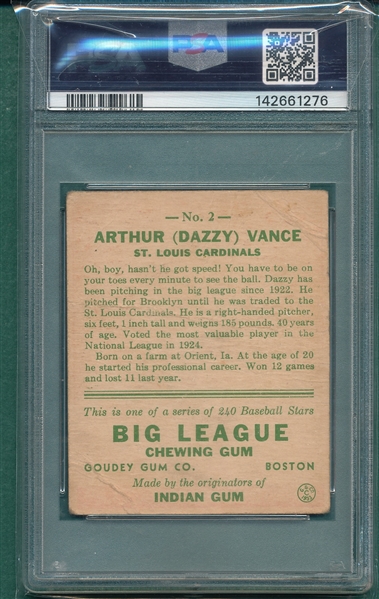 1933 Goudey #2 Dazzy Vance PSA 1