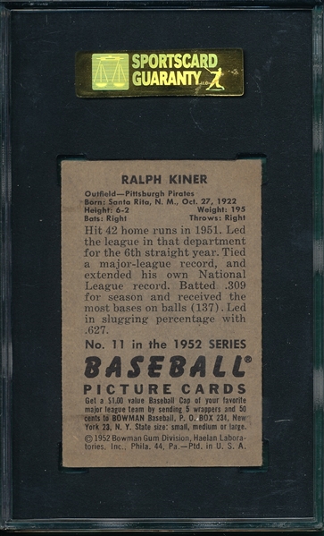 1952 Bowman #11 Ralph Kiner SGC 60