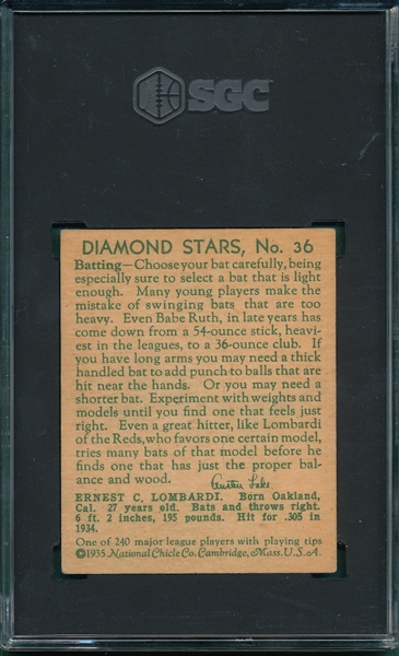 1934-36 Diamond Stars #36 Ernie Lombardi SGC 4 *Earnie*