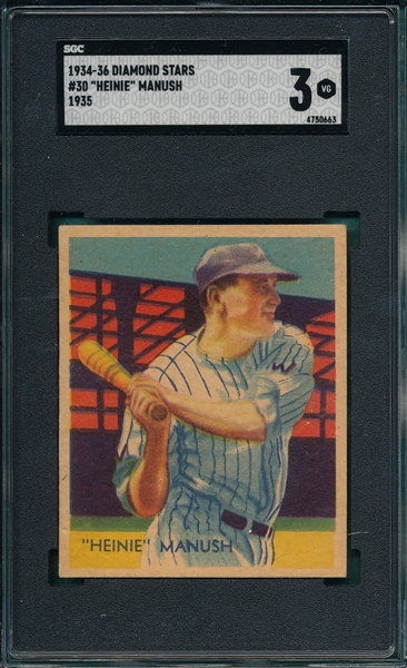 1934-36 Diamond Stars #30 Heinie Manush SGC 3 *W On Sleeve*