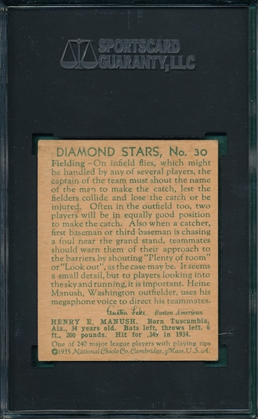 1934-36 Diamond Stars #30 Heinie Manush SGC 3 *W On Sleeve*