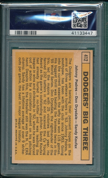 1963 Topps #412 Dodgers Big Trio W/ Drysdale & Koufax PSA 6