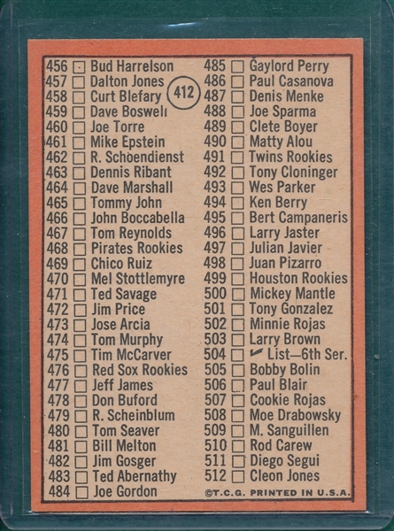 1969 Topps #412 Checklist, 5th Series W/ Mantle