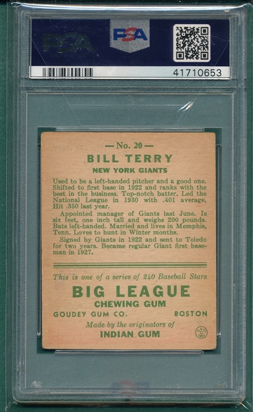 1933 Goudey #20 Bill Terry PSA 3.5