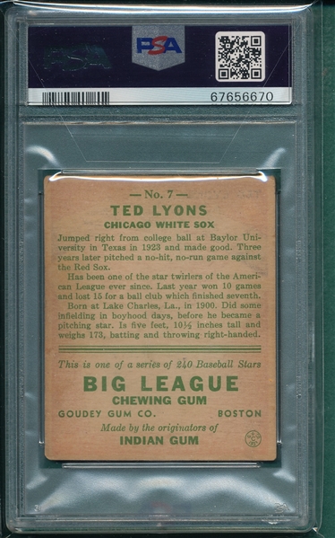 1933 Goudey #7 Ted Lyons PSA 3