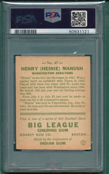 1933 Goudey #47 Heinie Manush PSA 3