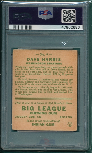 1933 Goudey #9 Dave Harris PSA 3