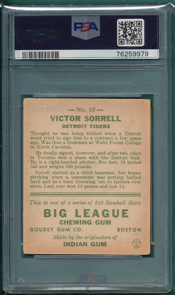 1933 Goudey #15 Victor Sorrell PSA 2