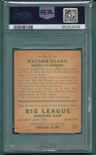 1933 Goudey #17 Watson Clark PSA 2