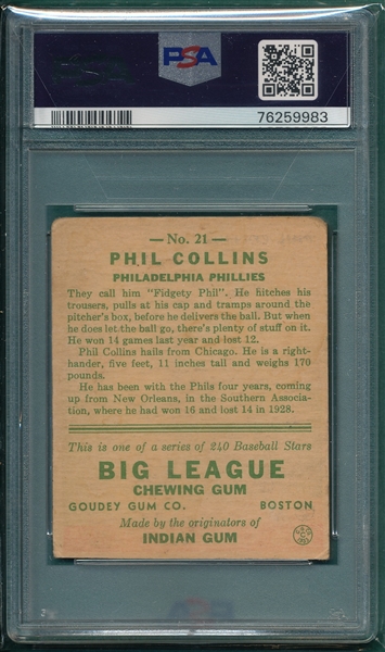 1933 Goudey #21 Phil Collins PSA 2