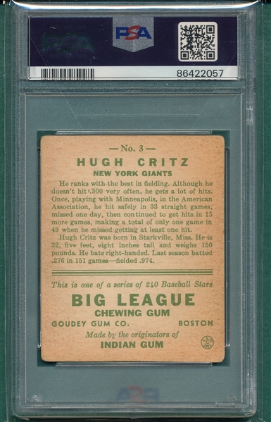1933 Goudey #3 Hugh Critz PSA 2.5