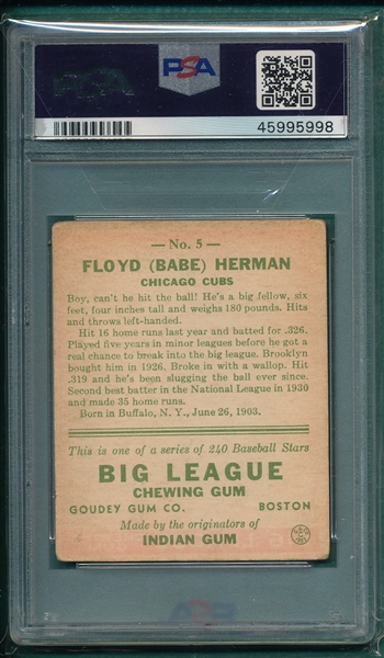 1933 Goudey #5 Babe Herman PSA 2.5
