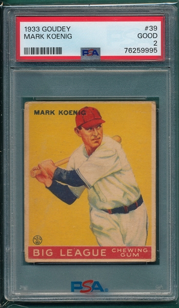 1933 Goudey #39 Mark Koenig PSA 2