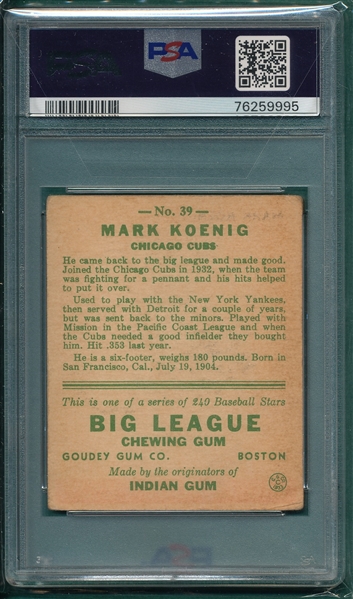 1933 Goudey #39 Mark Koenig PSA 2