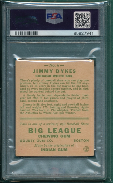 1933 Goudey #6 Jimmy Dykes PSA 2 *Age 36*