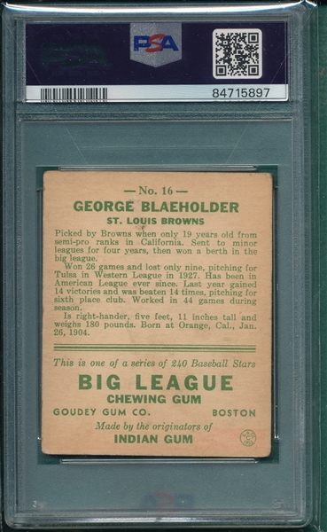 1933 Goudey #16 George Blaeholder PSA 2