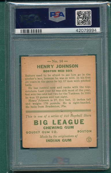 1933 Goudey #14 Henry Johnson PSA 4