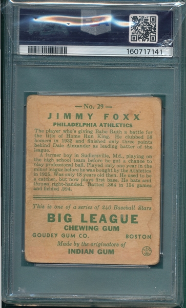 1933 Goudey #29 Jimmy Foxx PSA 1