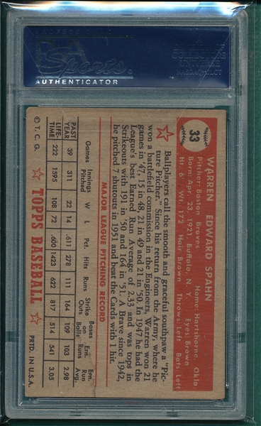 1952 Topps #33 Waren Spahn PSA 3