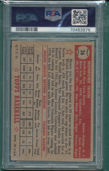 1952 Topps #26 Monty Irvin PSA 2.5