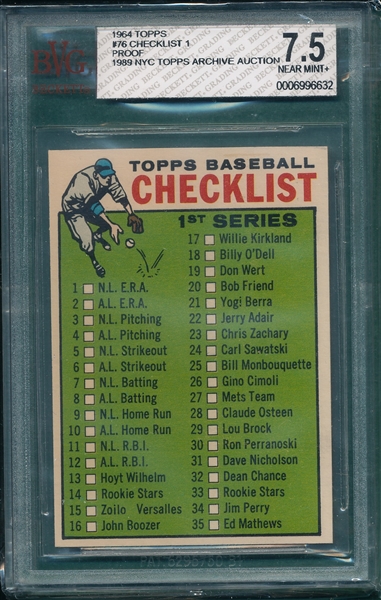 1964 Topps #76 Checklist 1st Series BVG 7.5 *Proof*